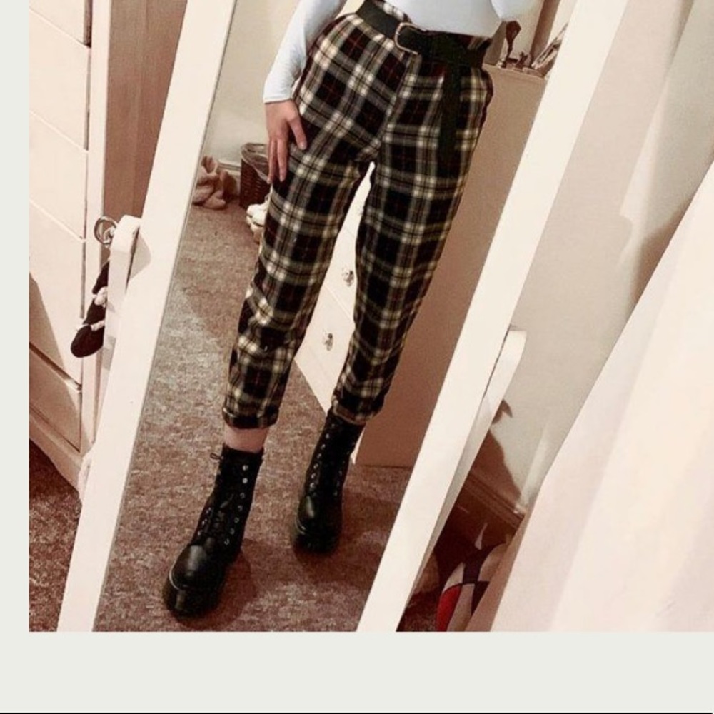 Green plaid pants.
